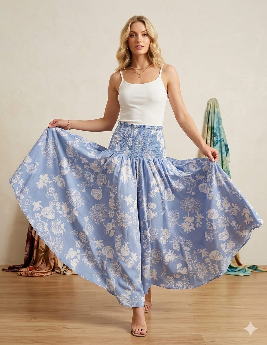 Elegant White Floral Printed Cotton Flared Palazzo Pants with Smocked Waist