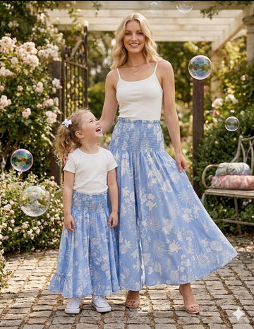 Mom & Daughter White Floral Printed Cotton Flared Palazzo Pants with Smocked Waist