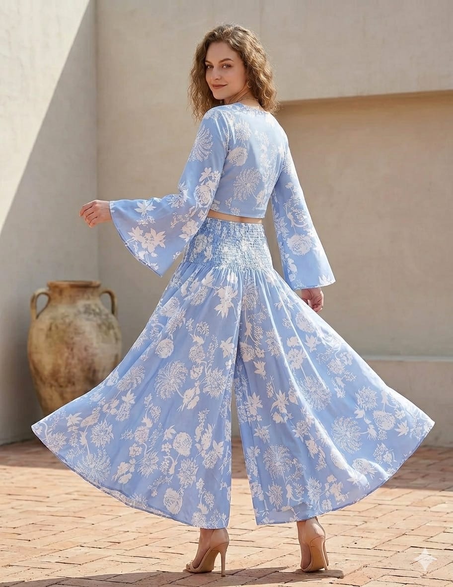 Women’s White Floral Printed Cotton Tie-Front Crop Top & Flared Palazzo Pant Co-ord Set