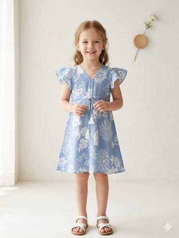 Baby Girls Floral Printed Cotton Umbrella Style A-Line Dress with Flutter Sleeves