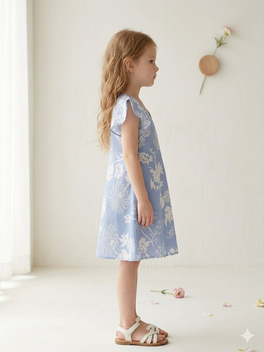 Baby Girls Floral Printed Cotton Umbrella Style A-Line Dress with Flutter Sleeves
