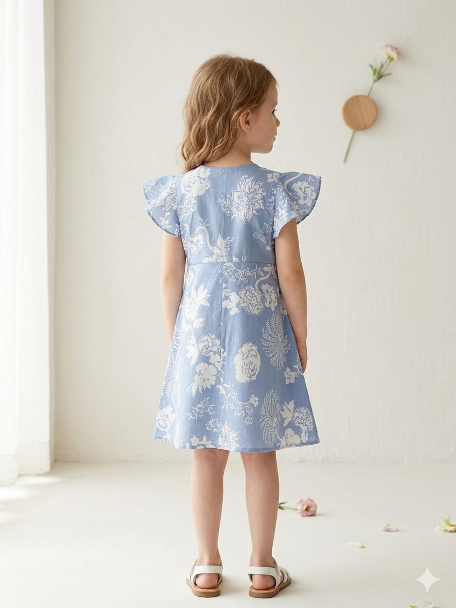 Baby Girls Floral Printed Cotton Umbrella Style A-Line Dress with Flutter Sleeves