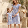 Mom & Me White Floral Printed Cotton Umbrella Style A-Line Dress with Drawstring Waist