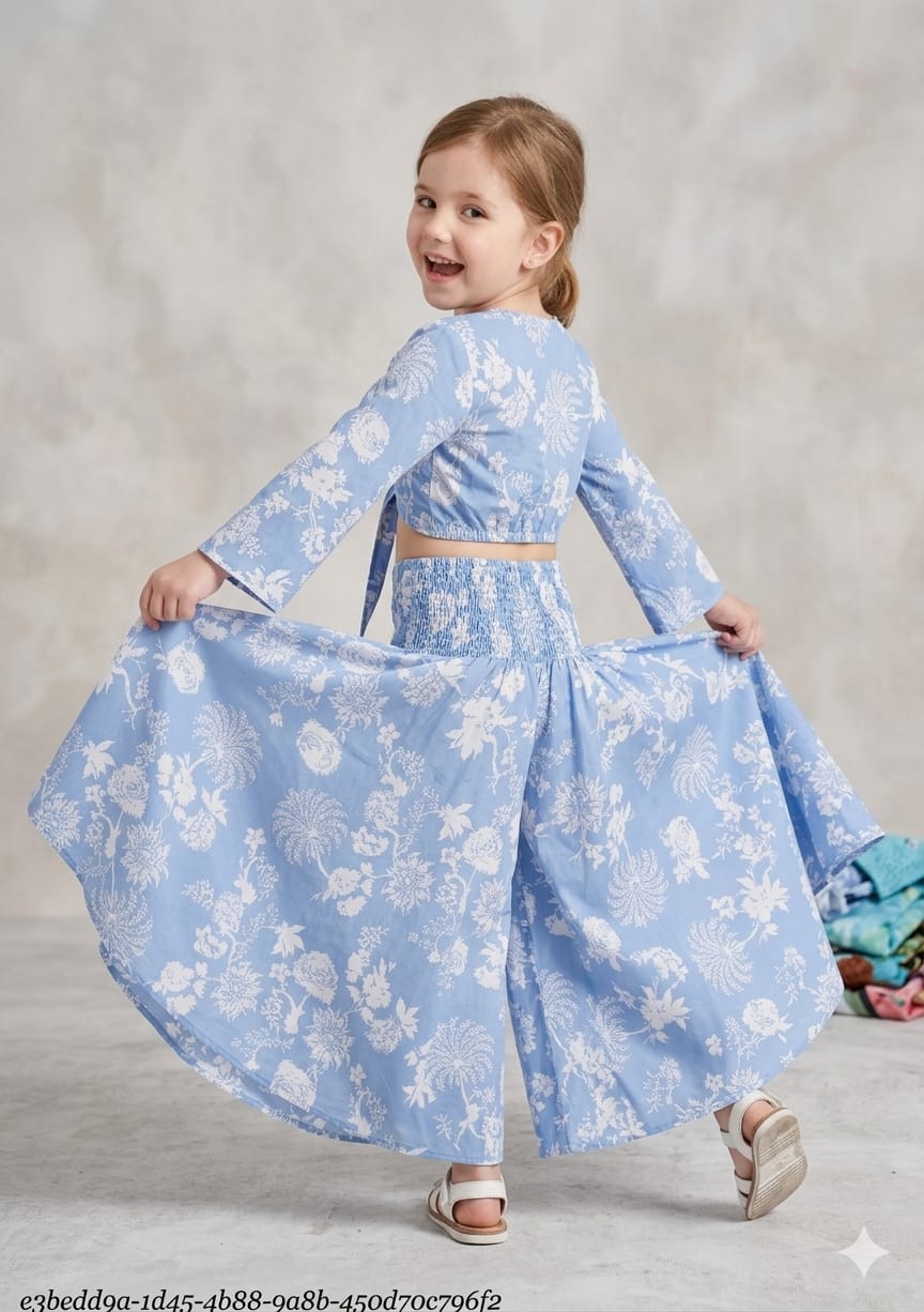 Baby Girls White Floral Printed Tie-Front Crop Top & Flared Palazzo Pant Co-ord Set