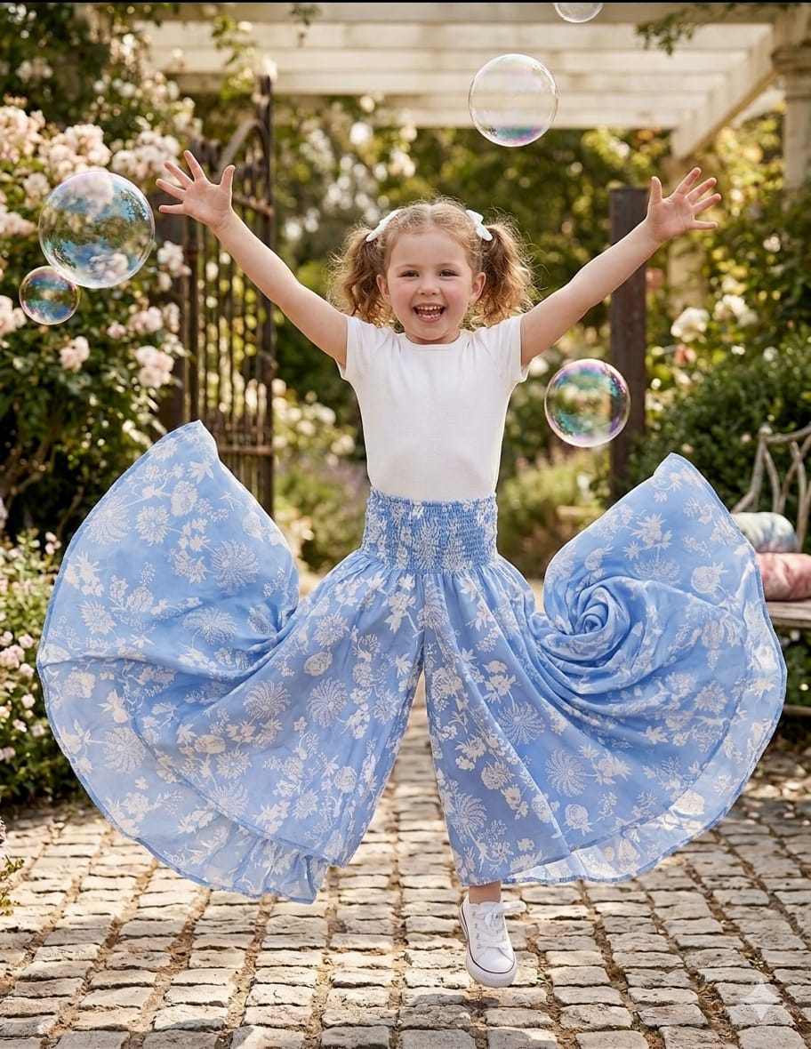 Baby Girl White Floral Printed Cotton Flared Palazzo Pants with Smocked Waist