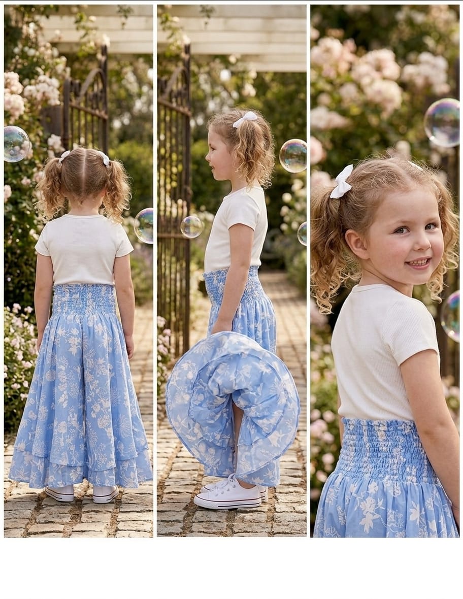 Baby Girl White Floral Printed Cotton Flared Palazzo Pants with Smocked Waist