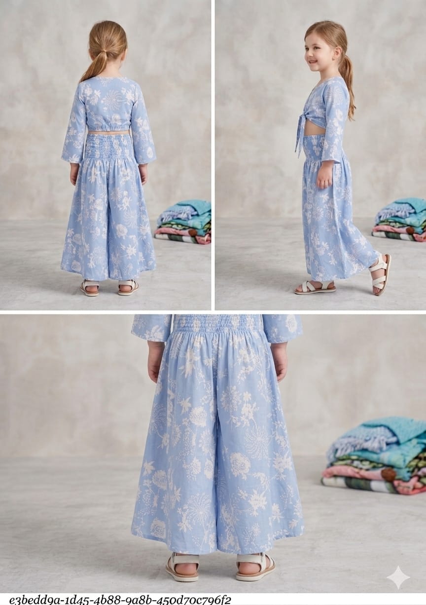 Baby Girls White Floral Printed Tie-Front Crop Top & Flared Palazzo Pant Co-ord Set