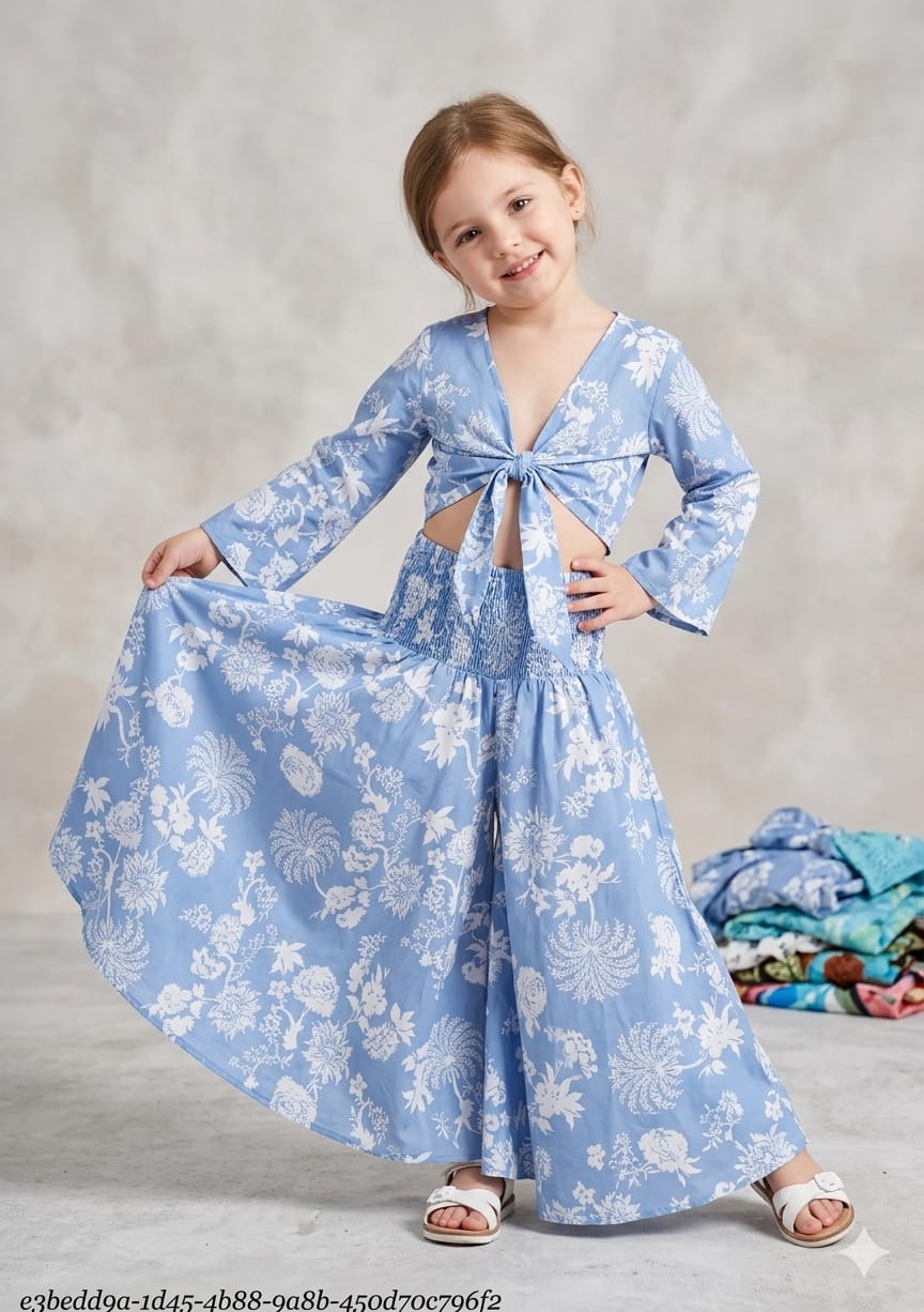 Baby Girls White Floral Printed Tie-Front Crop Top & Flared Palazzo Pant Co-ord Set