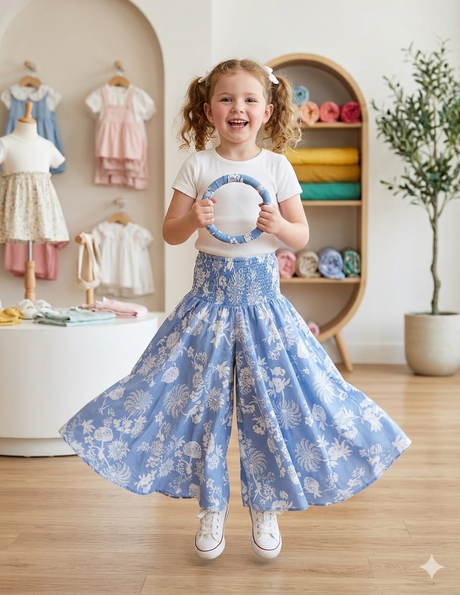 Baby Girl White Floral Printed Cotton Flared Palazzo Pants with Smocked Waist