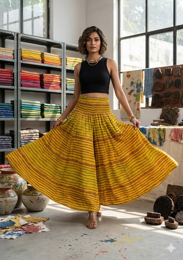 Women's Mustard Yellow Striped Leheriya Print High-Waist Smocked Palazzo Pants