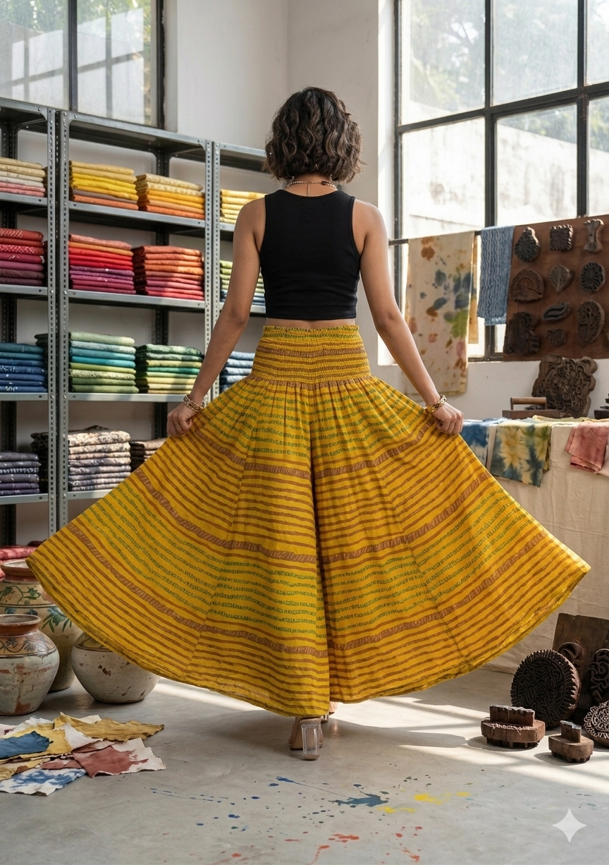 Women's Mustard Yellow Striped Leheriya Print High-Waist Smocked Palazzo Pants