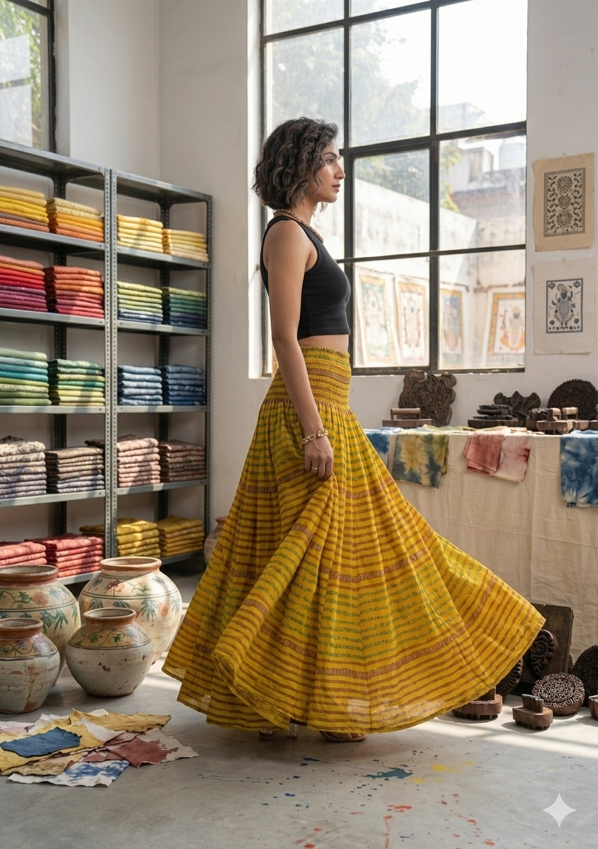 Women's Mustard Yellow Striped Leheriya Print High-Waist Smocked Palazzo Pants