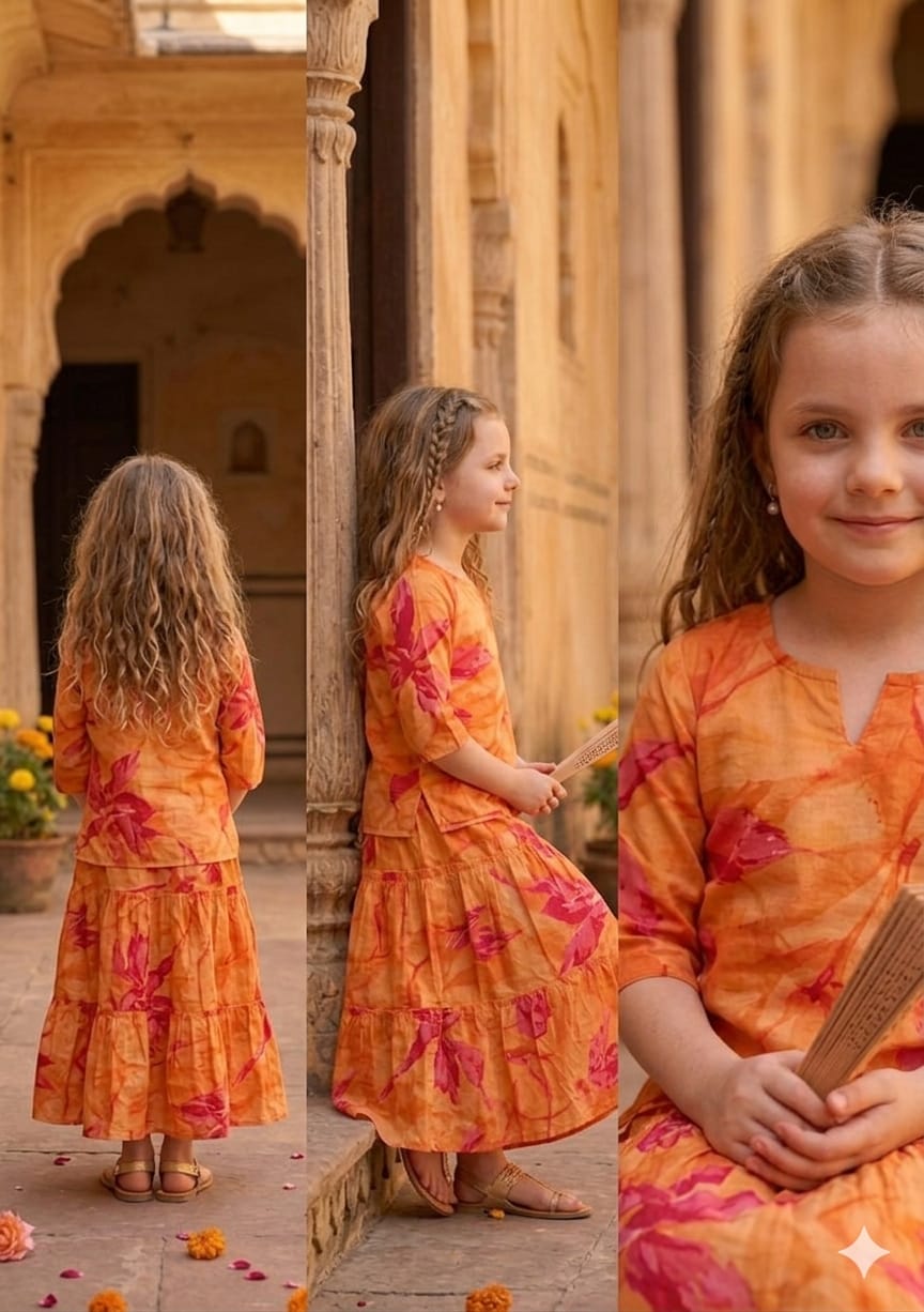 Baby Girls Yellow Abstract Marbel Printed Cotton Kurta with Flared Skirt Set