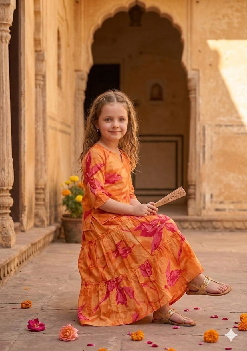 Baby Girls Yellow Abstract Marbel Printed Cotton Kurta with Flared Skirt Set