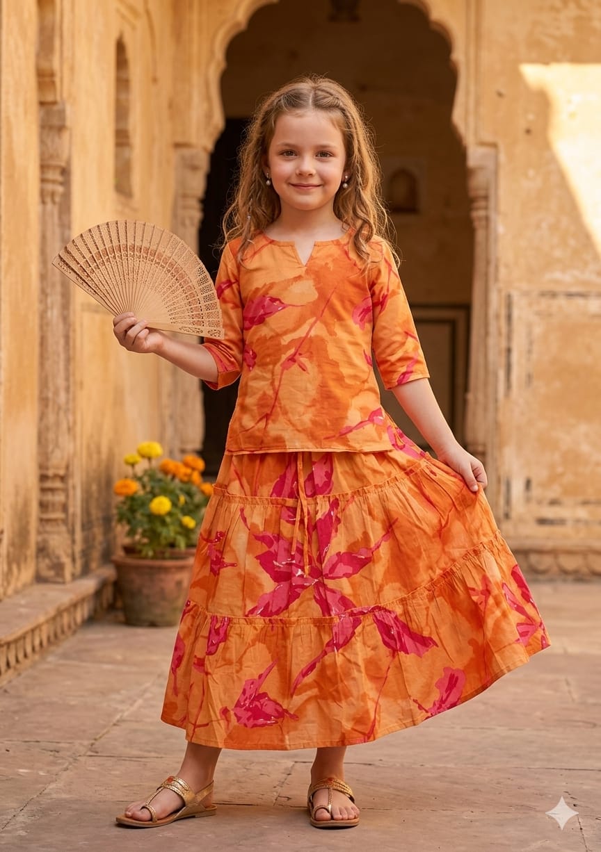 Baby Girls Yellow Abstract Marbel Printed Cotton Kurta with Flared Skirt Set
