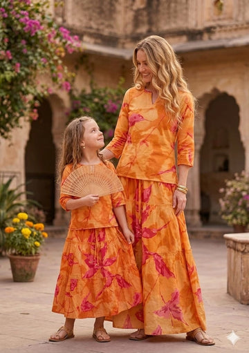 Mom & Me Yellow Abstract Marbel Printed Cotton Kurta with Flared Skirt Set