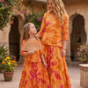 Mom & Me Yellow Abstract Marbel Printed Cotton Kurta with Flared Skirt Set