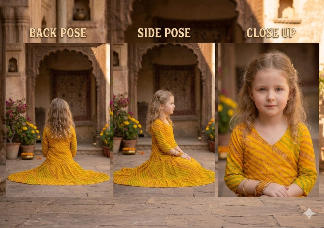 Baby Girls Yellow Leheriya Traditional Printed Cotton Kurta with Flared Skirt Set