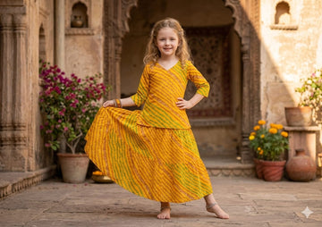 Baby Girls Yellow Leheriya Traditional Printed Cotton Kurta with Flared Skirt Set