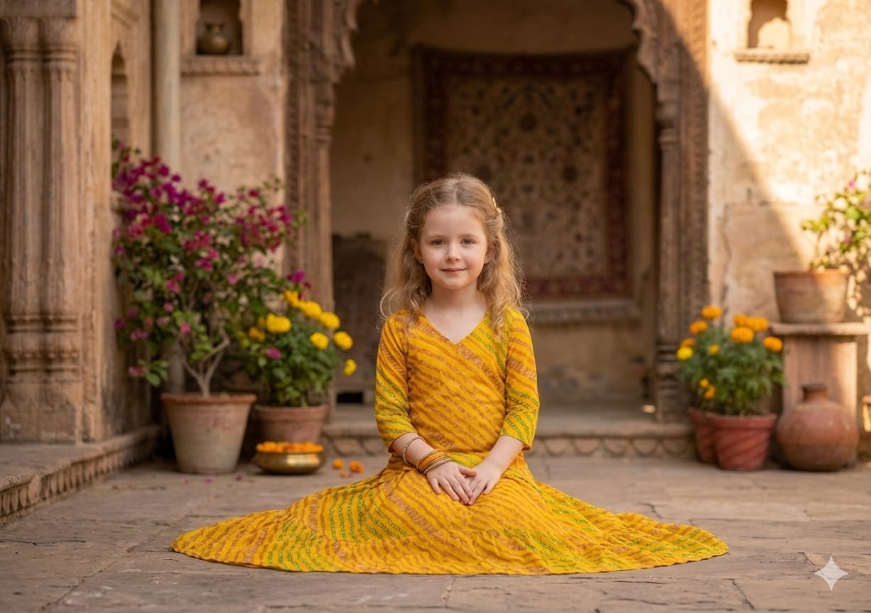 Baby Girls Yellow Leheriya Traditional Printed Cotton Kurta with Flared Skirt Set