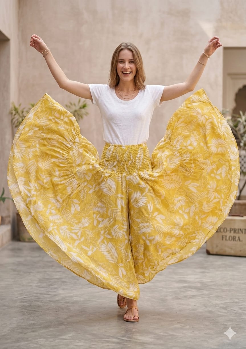 Elegant Yellow Leaf Printed Chanderi Flared Palazzo Pants with Smocked Waist