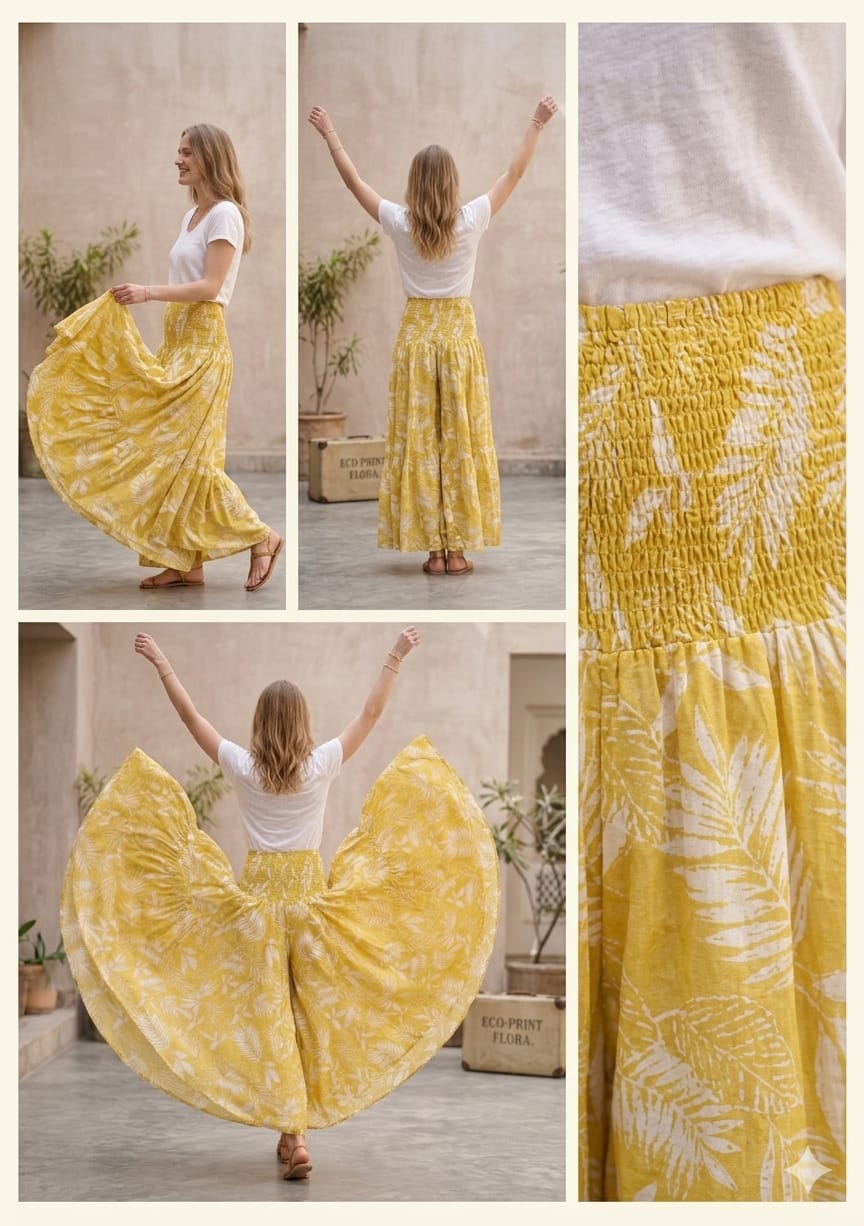 Elegant Yellow Leaf Printed Chanderi Flared Palazzo Pants with Smocked Waist