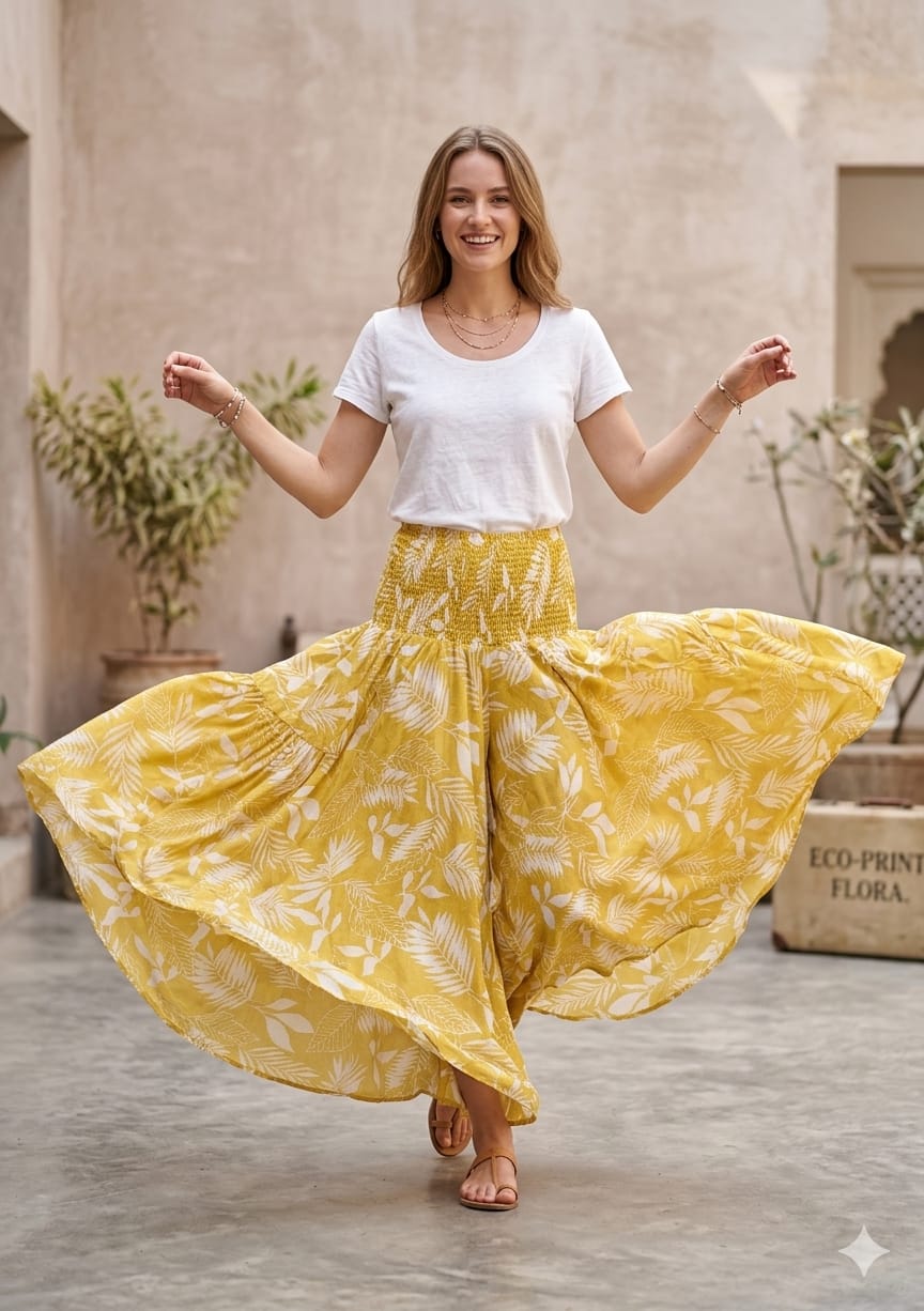 Elegant Yellow Leaf Printed Chanderi Flared Palazzo Pants with Smocked Waist