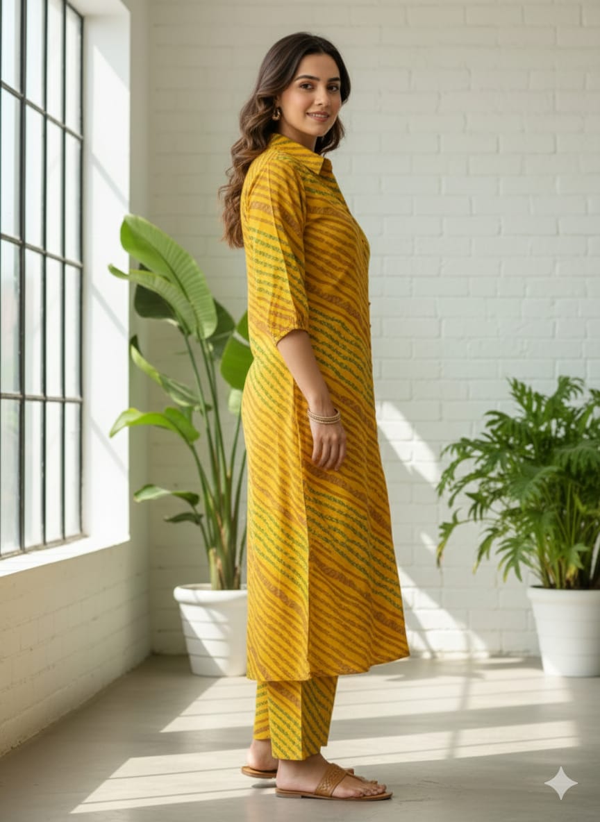 Women’s Yellow Leheriya Printed Cotton Kurta Set with Straight Pants