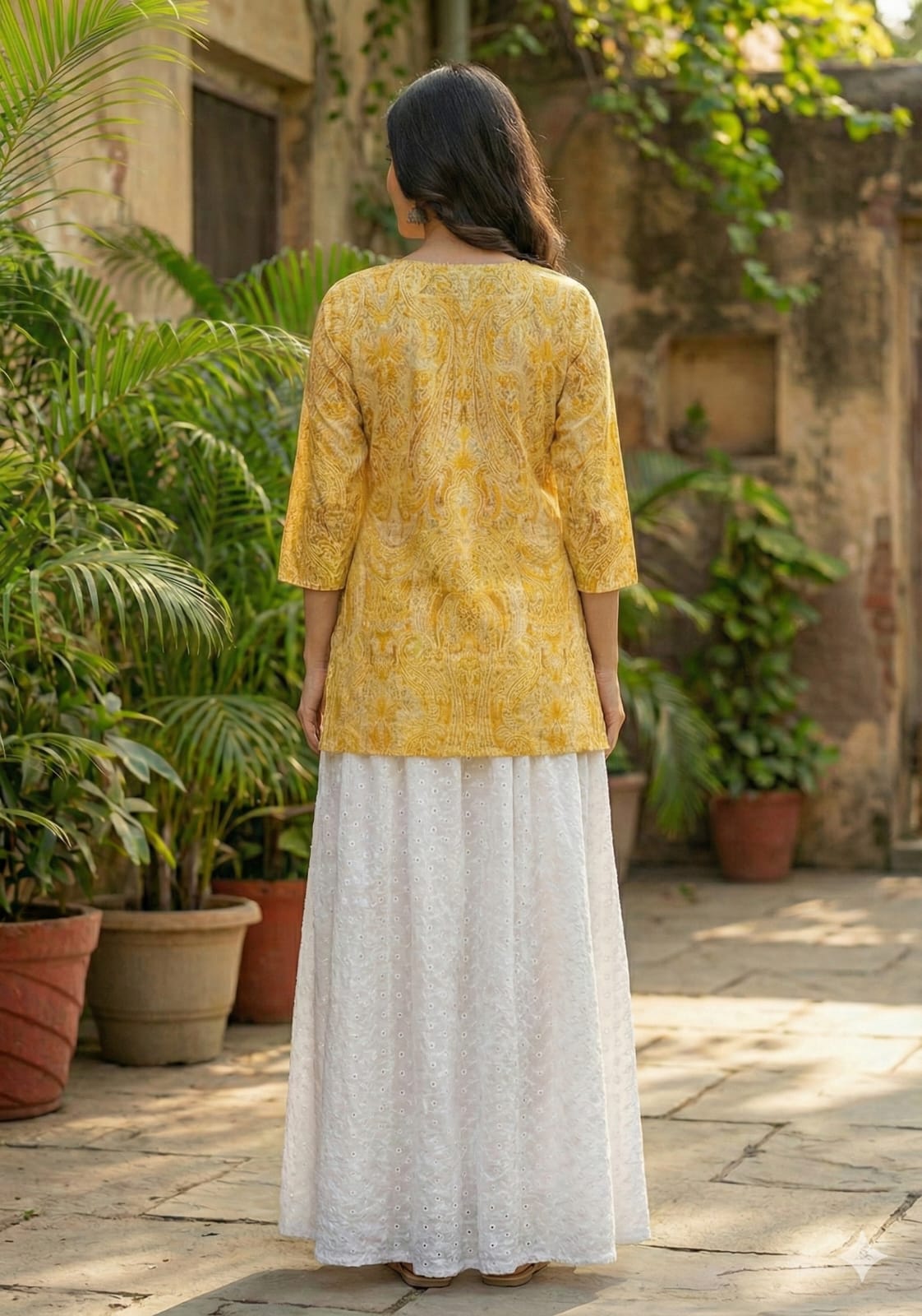 Women’s Yellow Paisley Print Cotton Kurta with Chikankari Flared Skirt