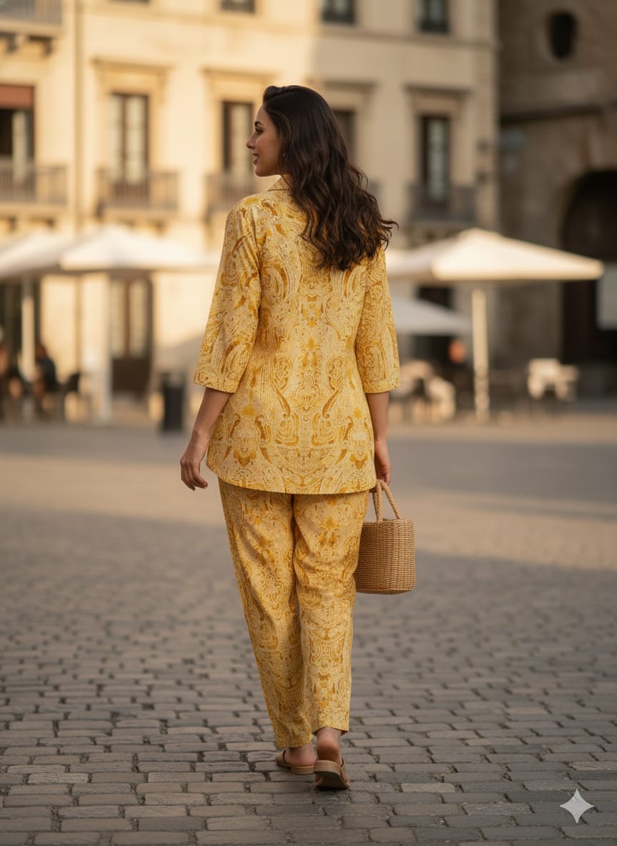 Women’s Yellow Paisley Printed Rayon Shirt & Pant Co-Ord Set