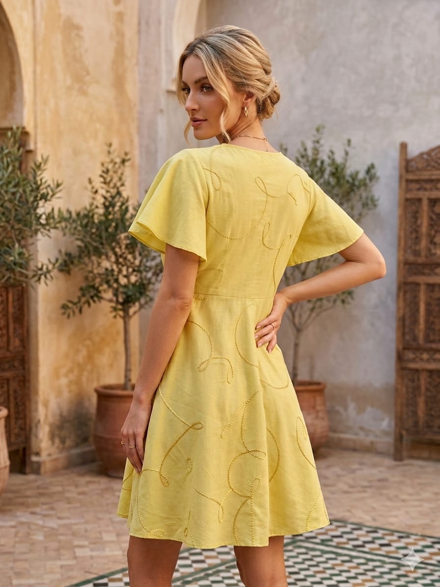 Women’s Yellow Rayon Umbrella Style A-Line Dress with Drawstring Waist
