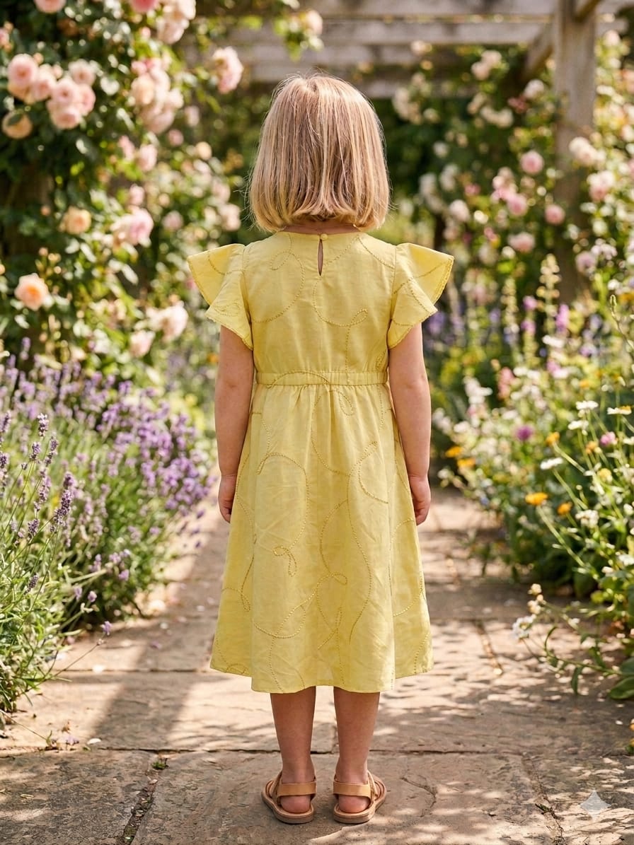 Baby Girls Yellow Rayon Umbrella Style A-Line Dress with Drawstring Waist