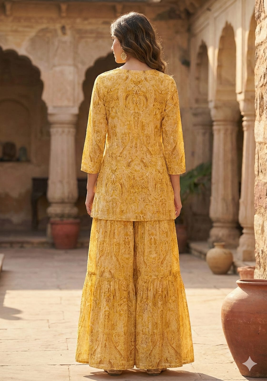 Women’s Yellow Paisley Print Cotton Kurta with Flared Skirt