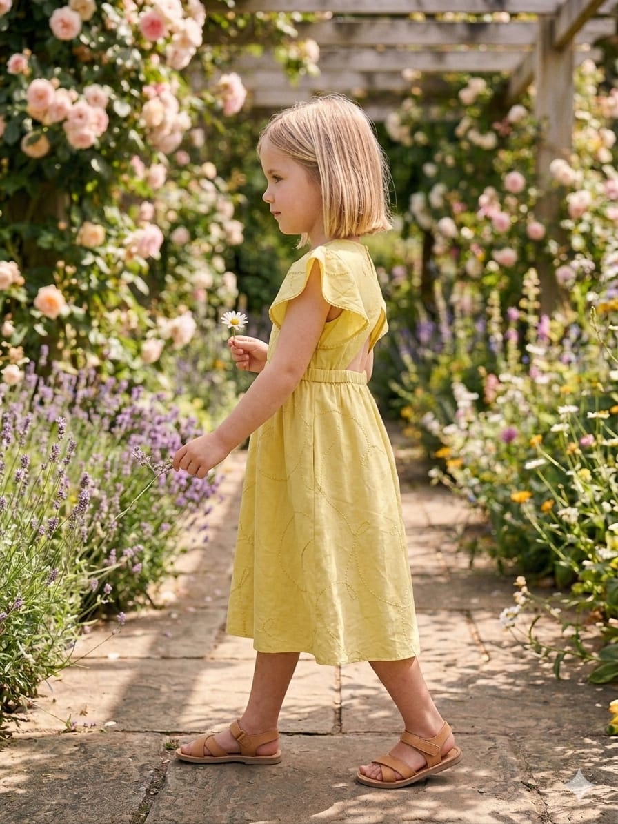 Baby Girls Yellow Rayon Umbrella Style A-Line Dress with Drawstring Waist