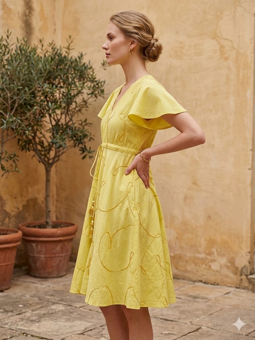 Women’s Yellow Rayon Umbrella Style A-Line Dress with Drawstring Waist