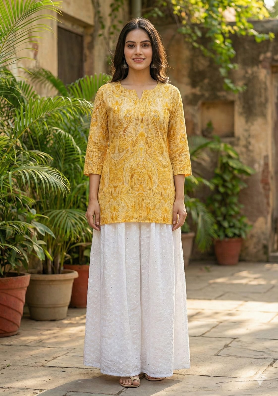 Women’s Yellow Paisley Print Cotton Kurta with Chikankari Flared Skirt