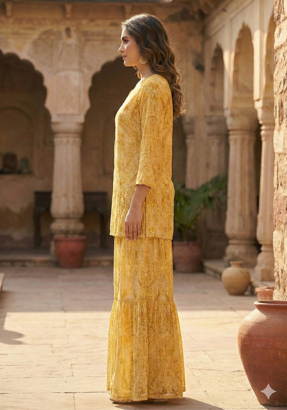 Women’s Yellow Paisley Print Cotton Kurta with Flared Skirt