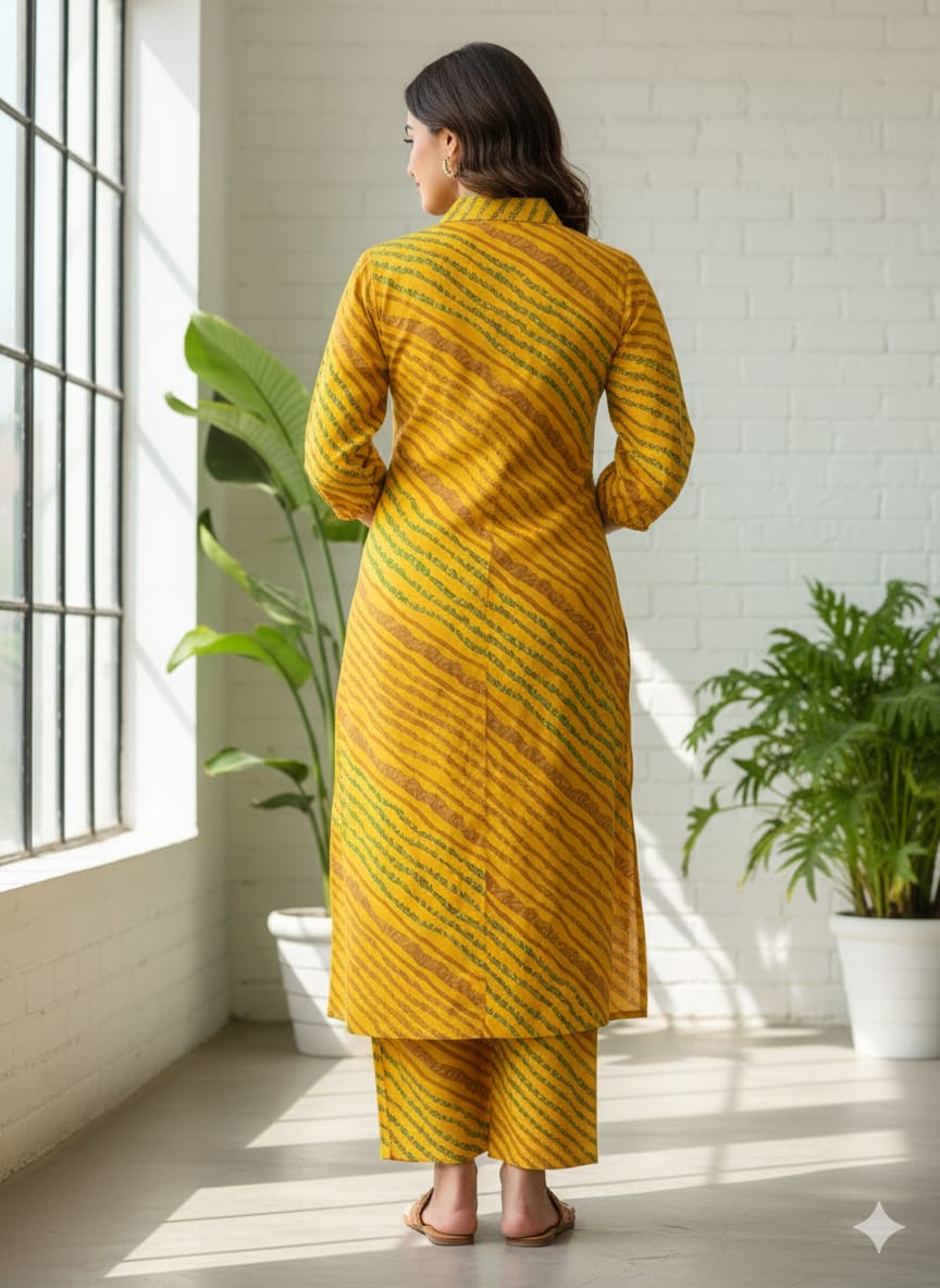 Women’s Yellow Leheriya Printed Cotton Kurta Set with Straight Pants