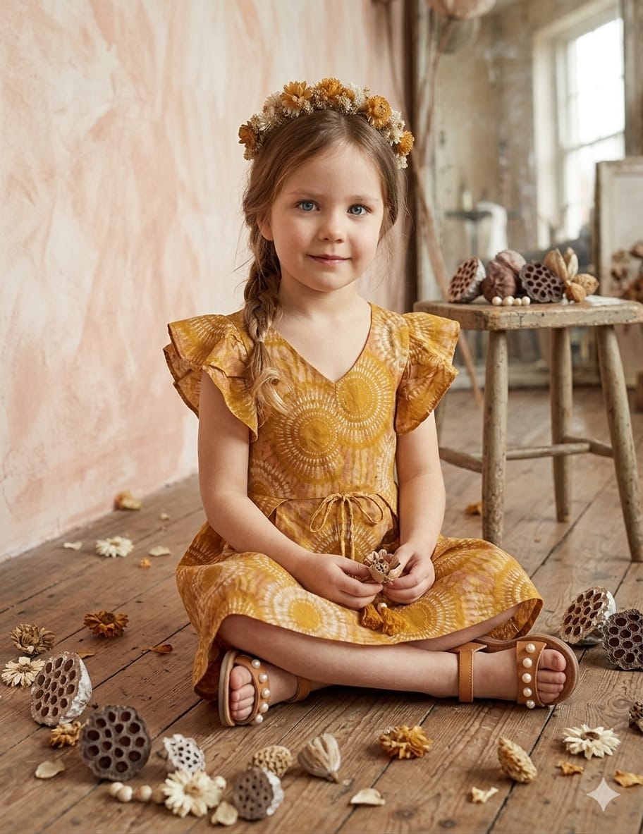 Baby Girls Yellow Circular Printed Cotton Umbrella Style A-Line Dress with Flutter Sleeves