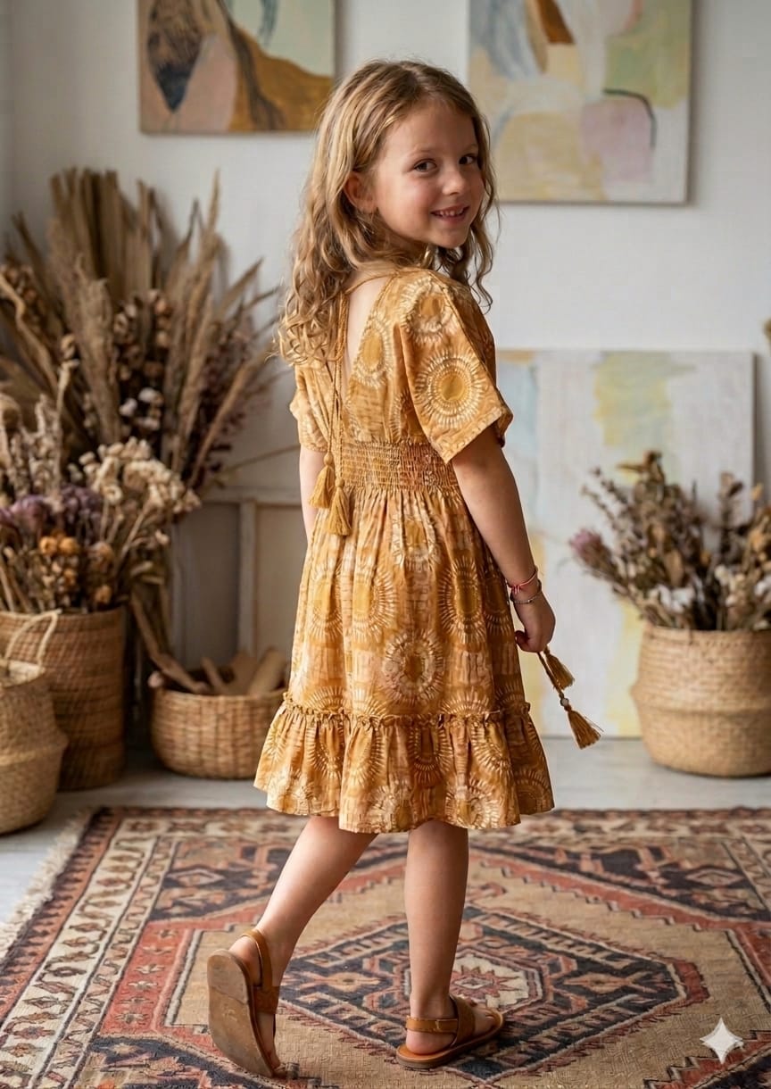 Baby Girls Yellow Circular Printed Cotton Kaftan A-Line Dress
