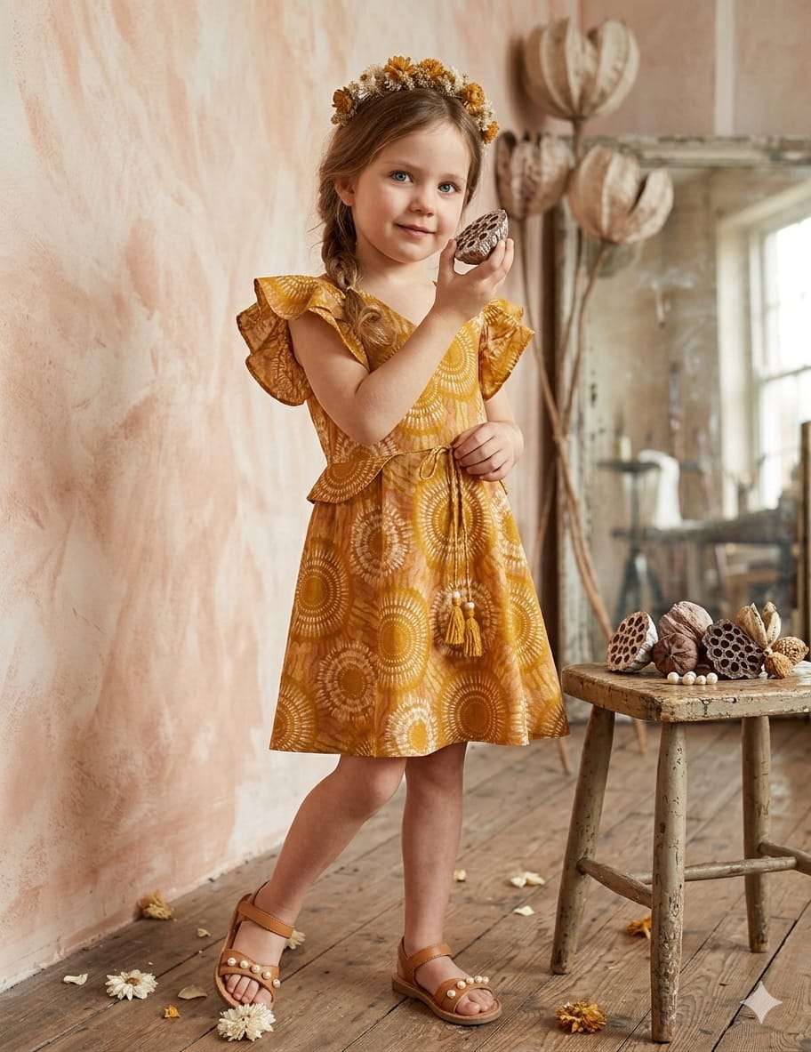Baby Girls Yellow Circular Printed Cotton Umbrella Style A-Line Dress with Flutter Sleeves