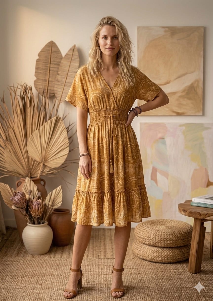 Mom & Me Yellow Circular Abstract Printed Cotton Kaftan A-Line Dress