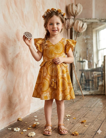 Baby Girls Yellow Circular Printed Cotton Umbrella Style A-Line Dress with Flutter Sleeves