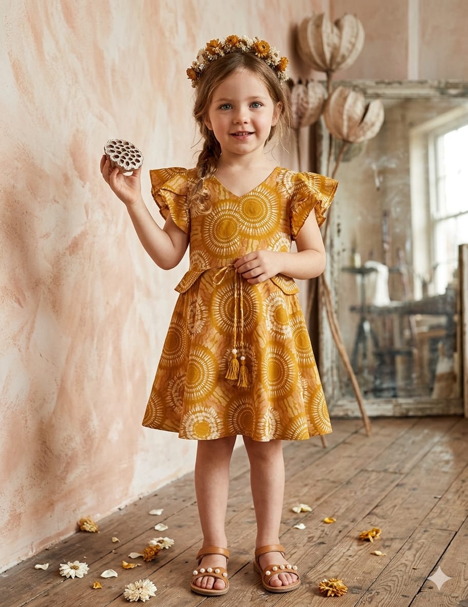 Baby Girls Yellow Circular Printed Cotton Umbrella Style A-Line Dress with Flutter Sleeves