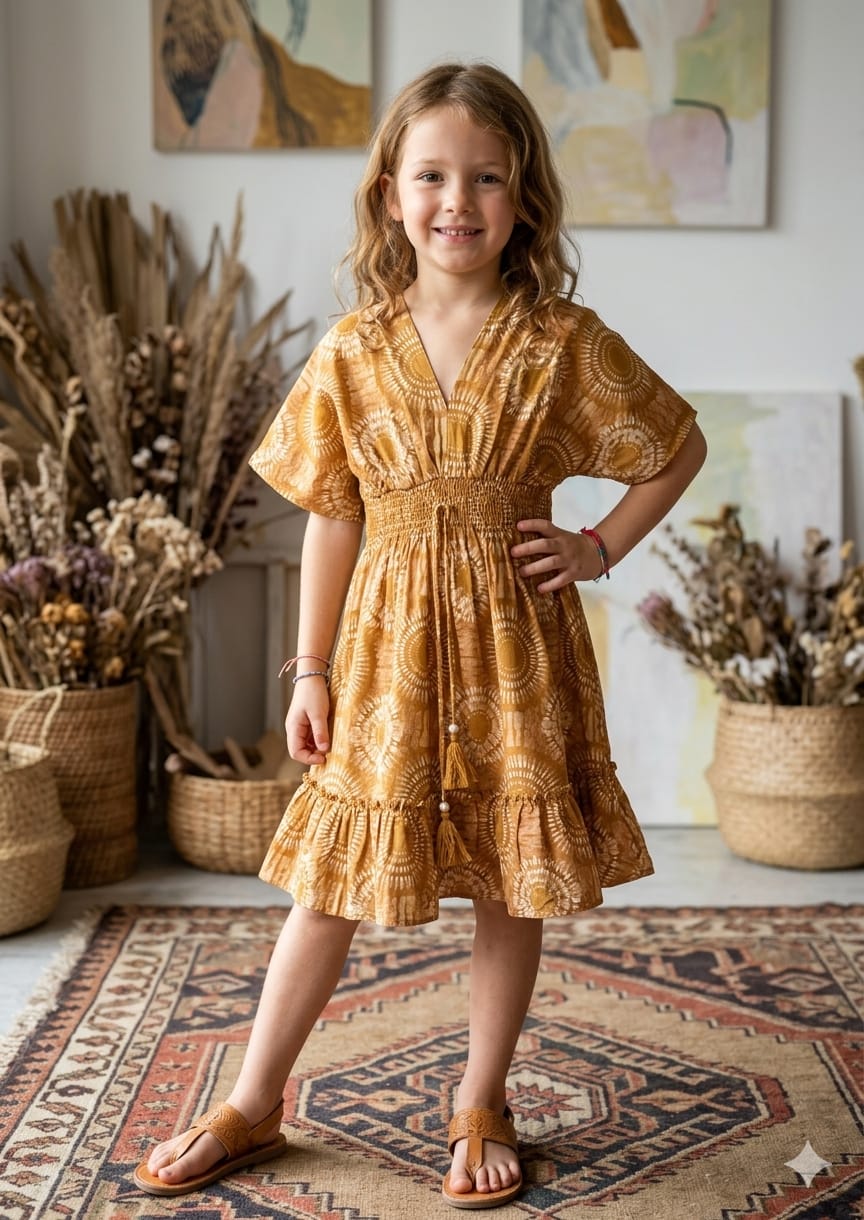 Baby Girls Yellow Circular Printed Cotton Kaftan A-Line Dress