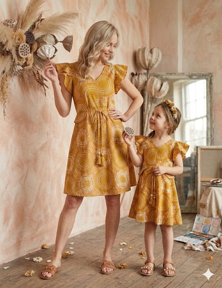 Mom & Me Yellow Circular Printed Cotton Umbrella Style A-Line Dress with Drawstring Waist