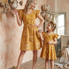 Mom & Me Yellow Circular Printed Cotton Umbrella Style A-Line Dress with Drawstring Waist
