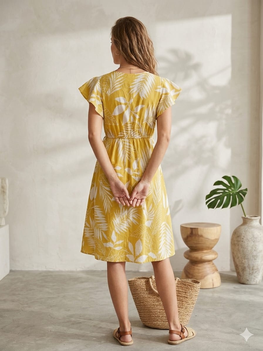 Women’s Yellow Floral Printed Chanderi Umbrella Style A-Line Dress with Drawstring Waist