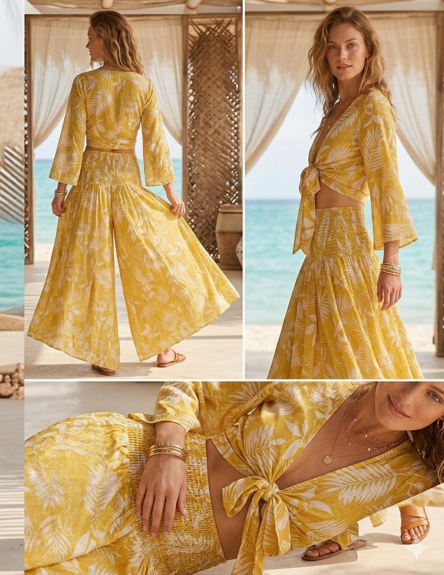 Women’s Yellow Leaf Printed Chanderi Tie-Front Crop Top & Flared Palazzo Pant Co-ord Set