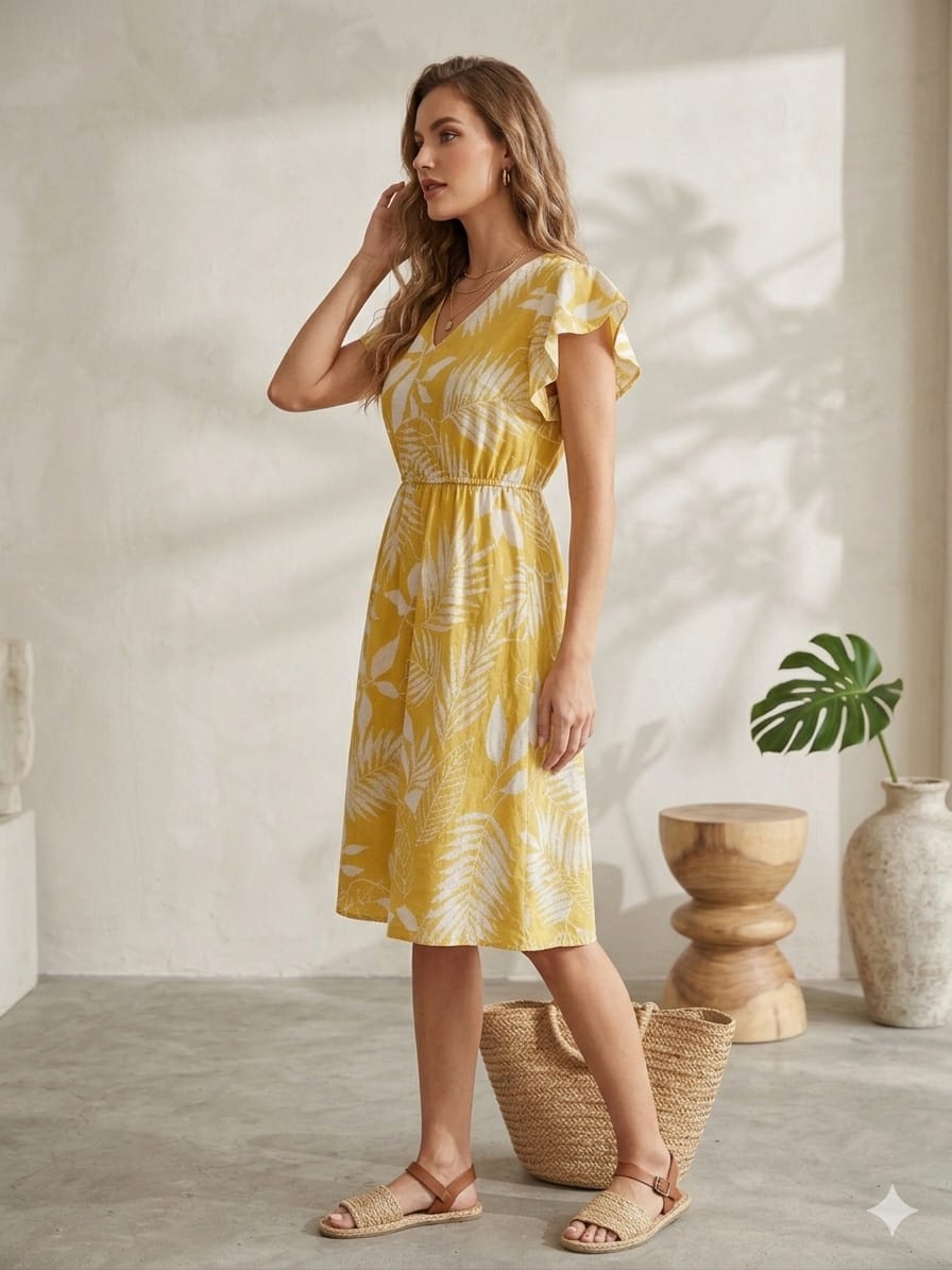 Mom & Me Yellow Floral Printed Chanderi Umbrella Style A-Line Dress with Drawstring Waist